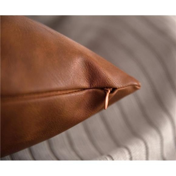 Faux Leather Throw Pillow Covers,18 x 18 inch Set of 2 Thick Cognac Brown Modern - Picture 2 of 5